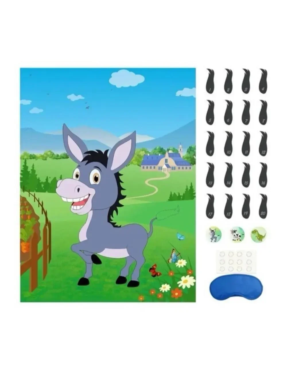 Pin The Tail On The Donkey Party Game 40 Tails Kids Birthday Poster W/ Blindfold